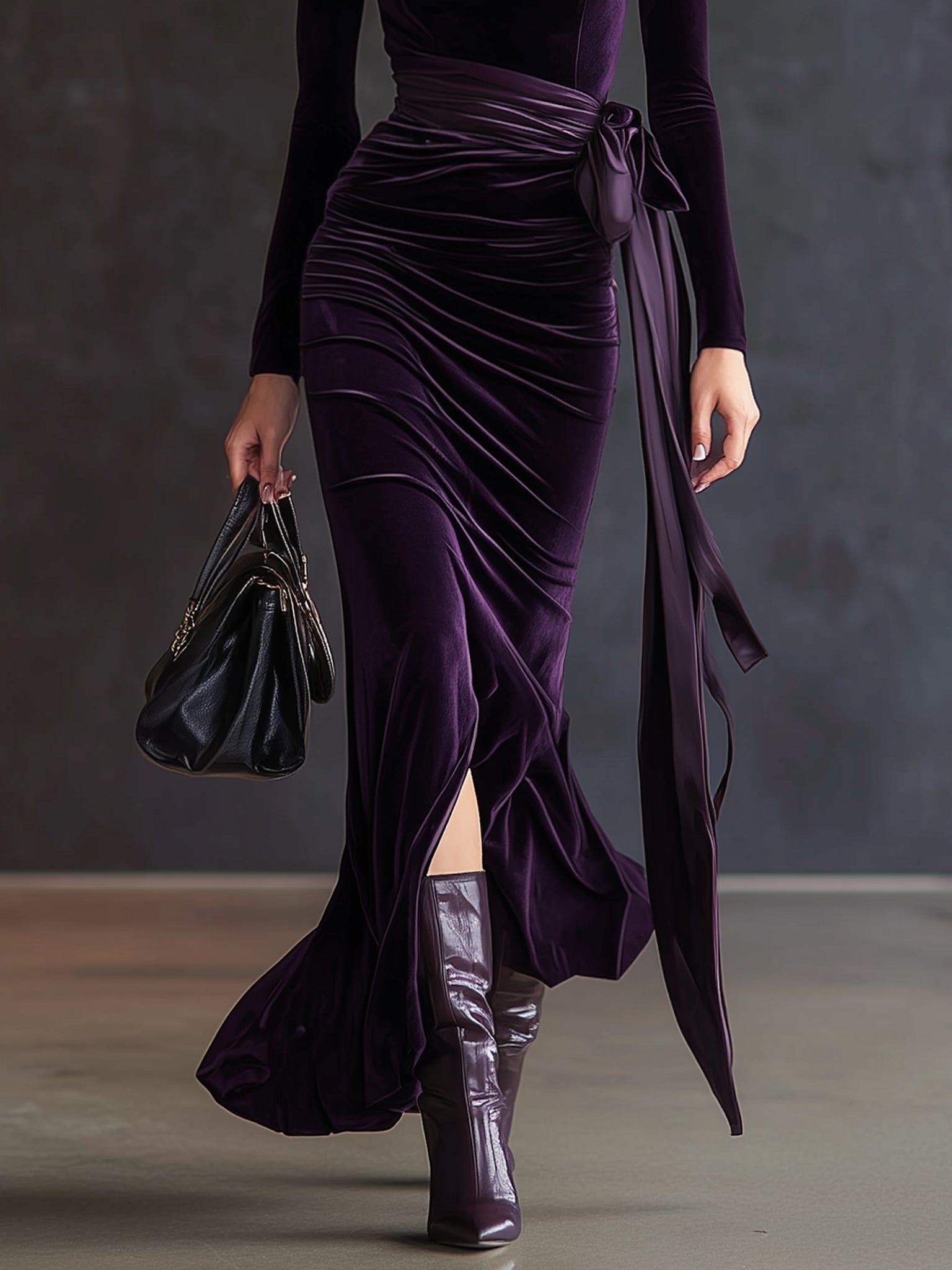 Purple Velvet Turtleneck Pleated Long Sleeve Maxi Dress With Satin Belt