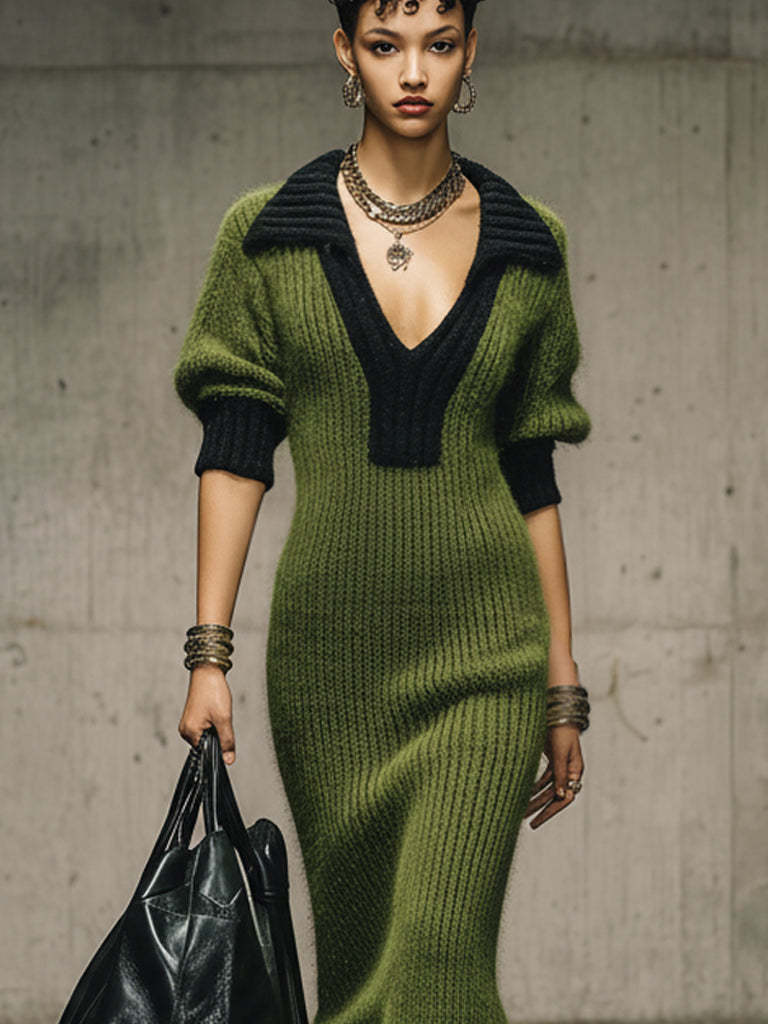 Green Knit Deep V-Neck Fringe Maxi Dress