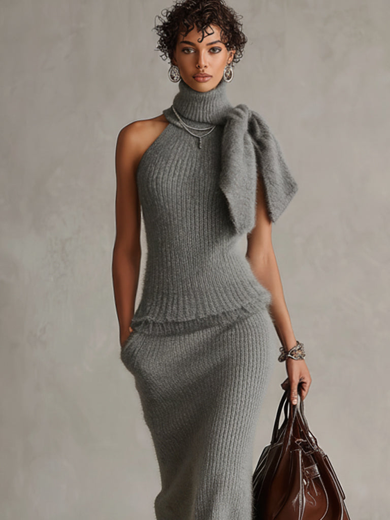 Gray Sleeveless Knitted Slim Fit Top And Pencil Skirt Set