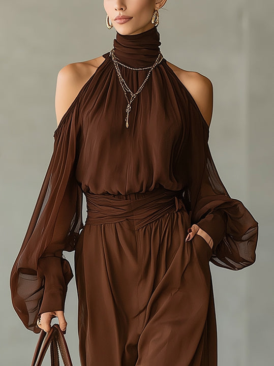 Brown Chiffon Shirt With High Neck And Cold-Shoulder Balloon Sleeves