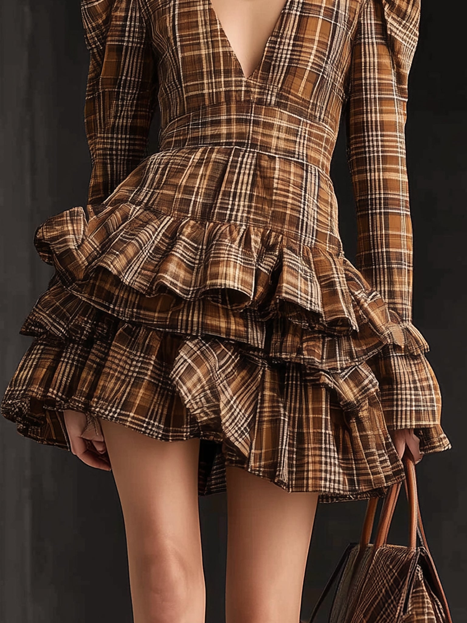 Brown Vintage Plaid Ruffled V-Neck Long Sleeve Mini Dress