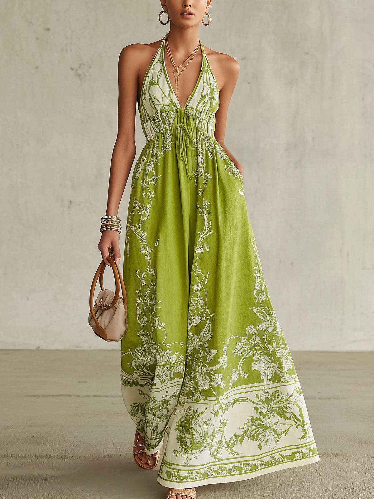 Green And White Floral Print Halter Neck Maxi Dress