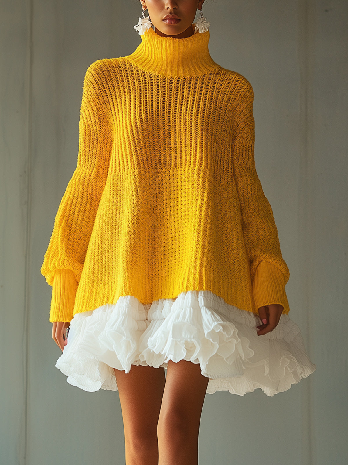 Turtleneck Yellow Knitted Sweater Dress With Ruffled Hem