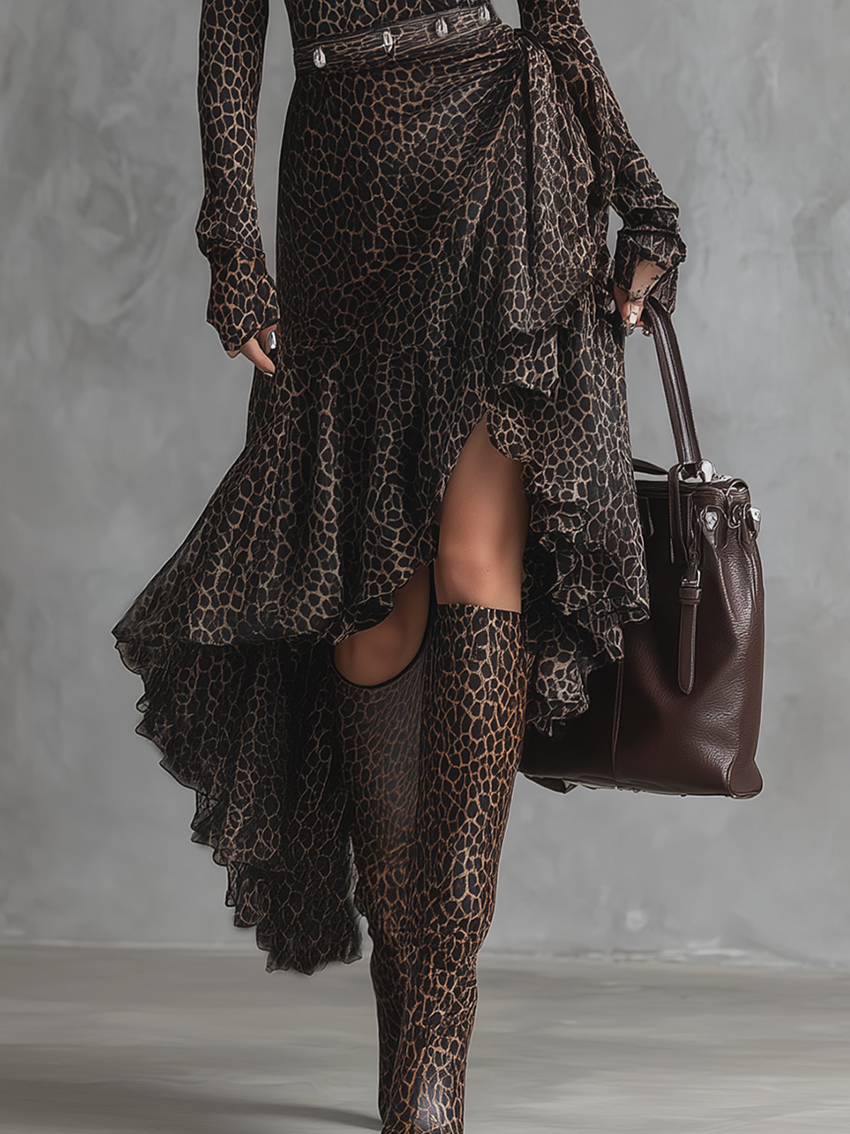 Brown Leopard Print High-Neck Ruffled Dress With Belt Detail