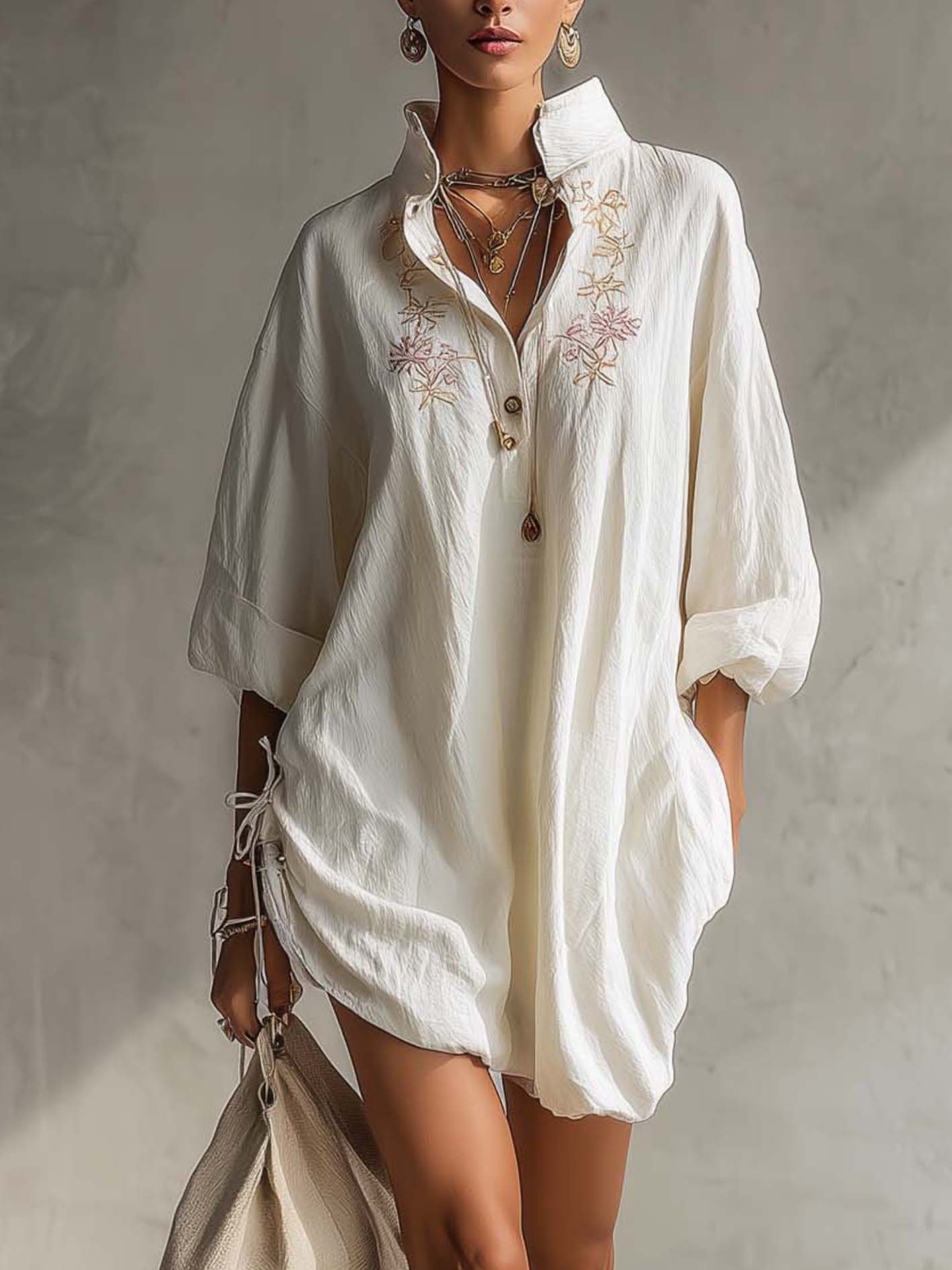 White Cotton Linen Embroidered Side Drawstring Mini Dress