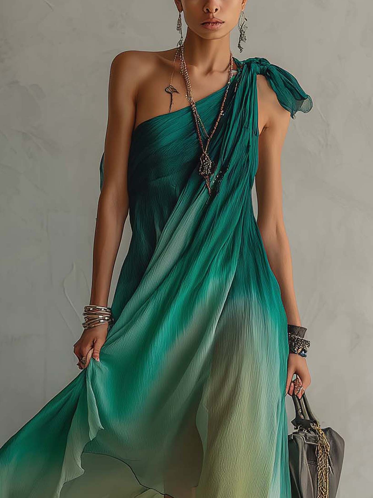 One Shoulder Ombre Green Chiffon Maxi Dress