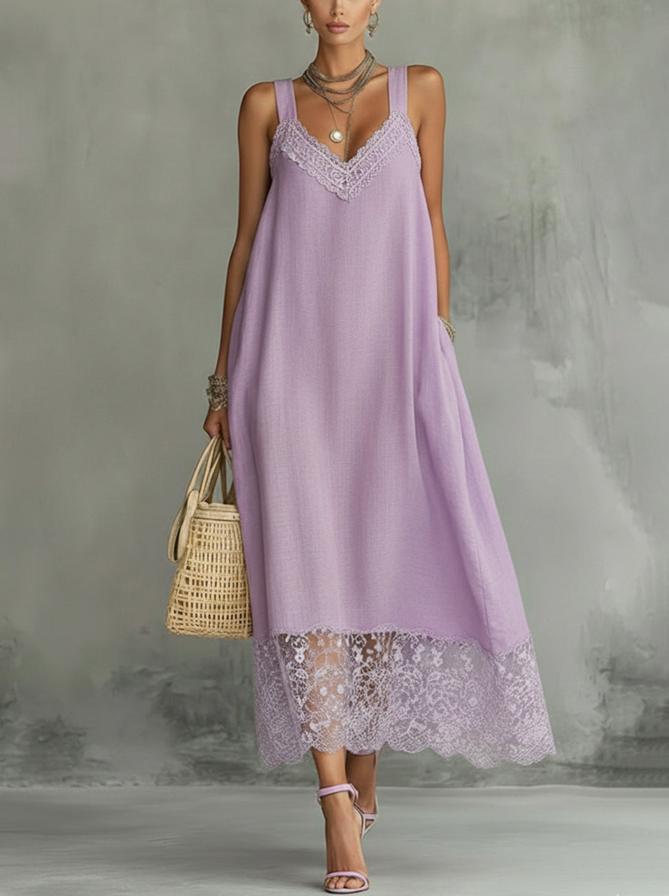 Purple Lace-Trim V-Neck Sleeveless Maxi Dress