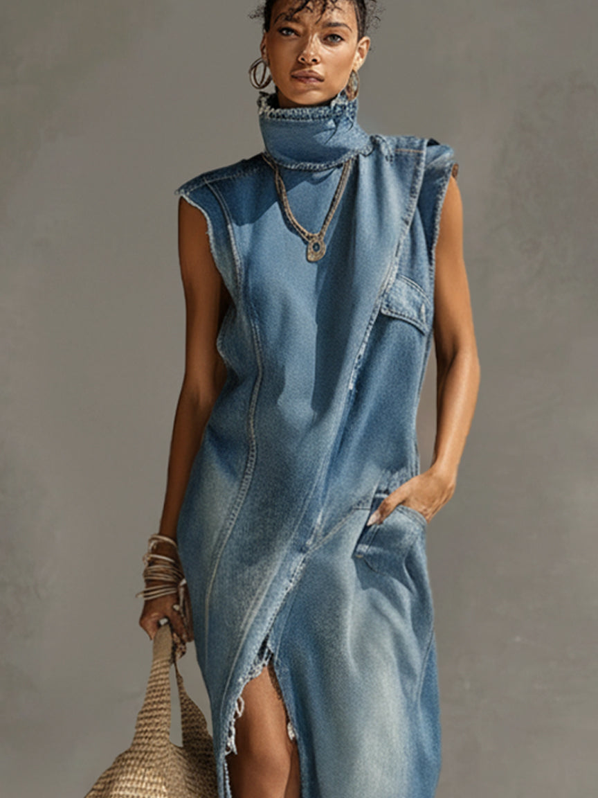 Blue Washed Denim Sleeveless High Neck Frayed Dress