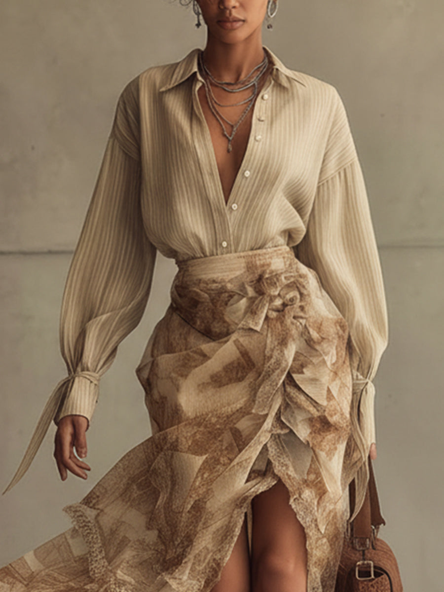 Brown Linen Blend Shirt And Chiffon Print Mermaid Skirt Set