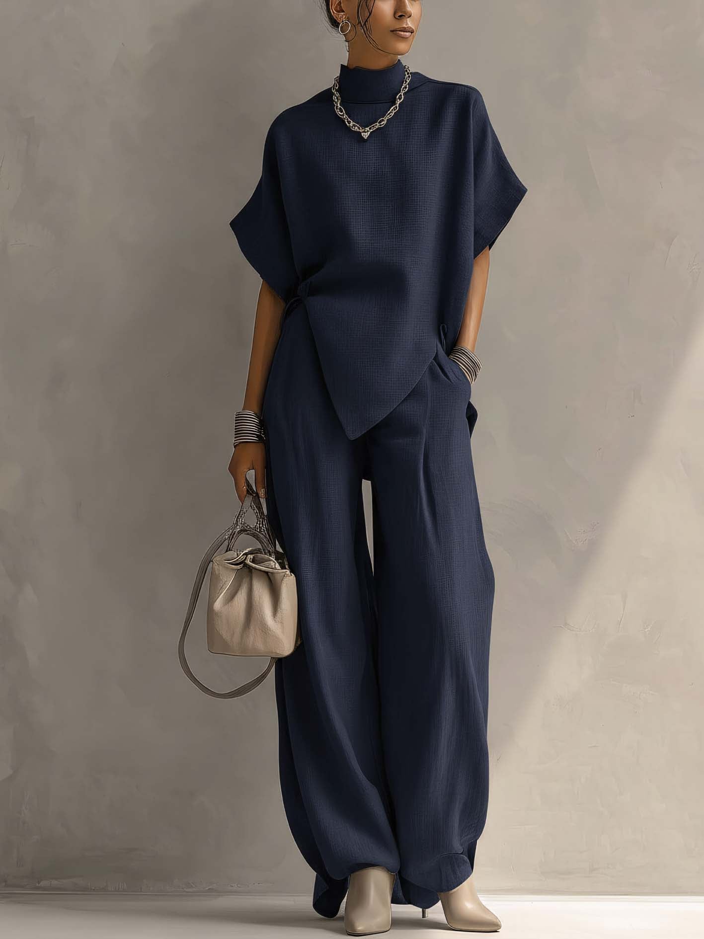 Navy Blue Cotton Linen Two-Piece Set