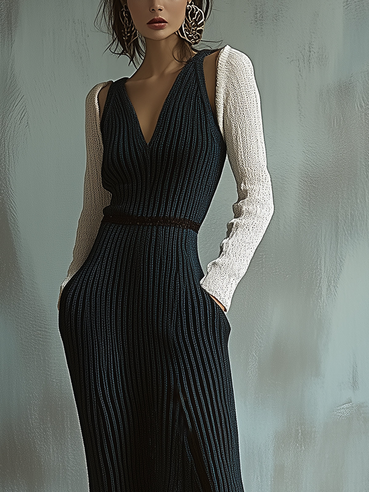 Ribbed Knitted Maxi Dress and White Sleeves Set