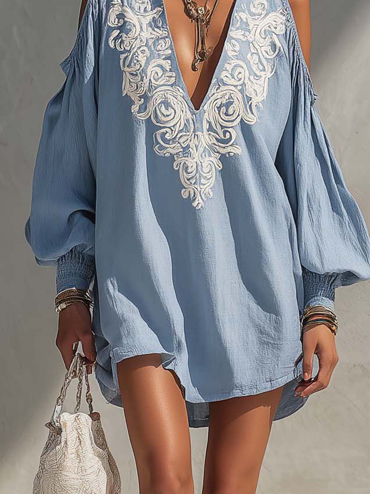 Blue Cotton Linen Mini Dress With Baroque Embroidered V-Neck