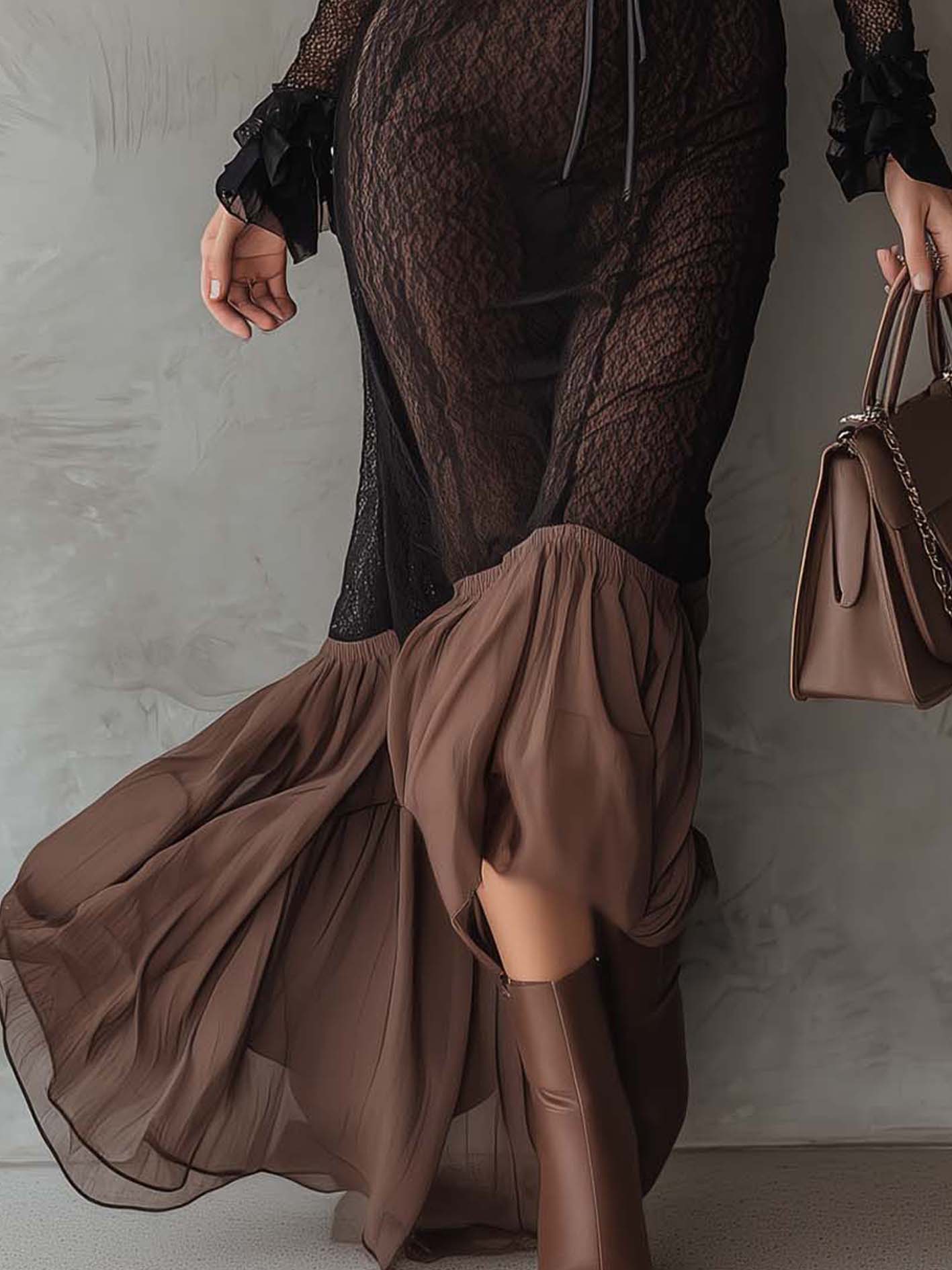 Black Lace Bodycon Maxi Dress With Brown Pleated Hem