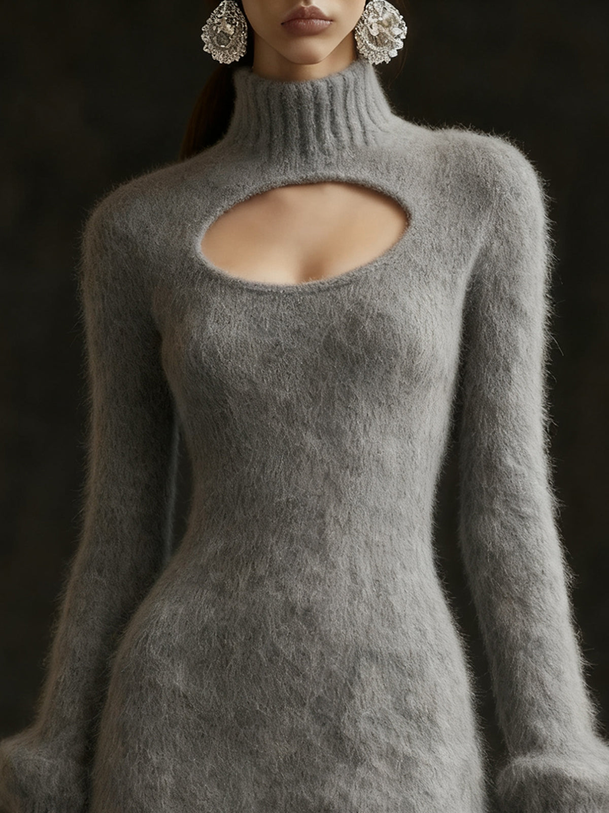 Gray Fuzzy Knit Dress With Lace Trim And Keyhole Detail