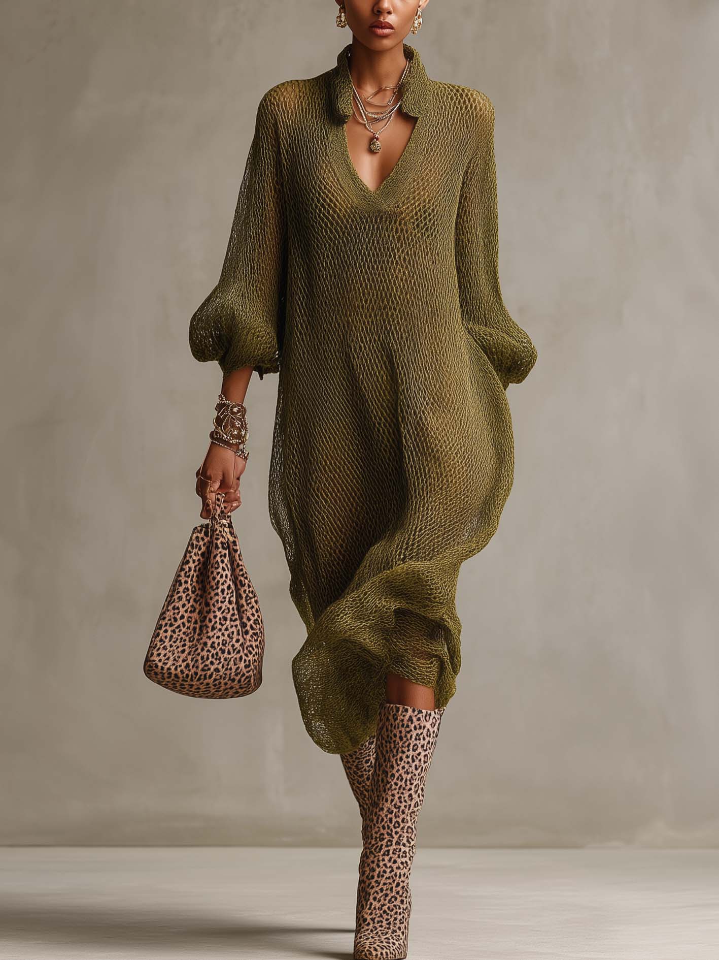 Olive Green Sheer Textured Knit Collared Midi Dress