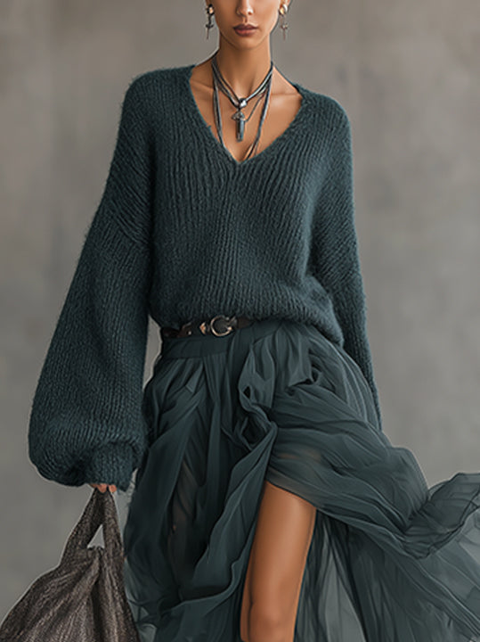 Green Knit And Chiffon Maxi Dress With Balloon Sleeves And High Slit Set