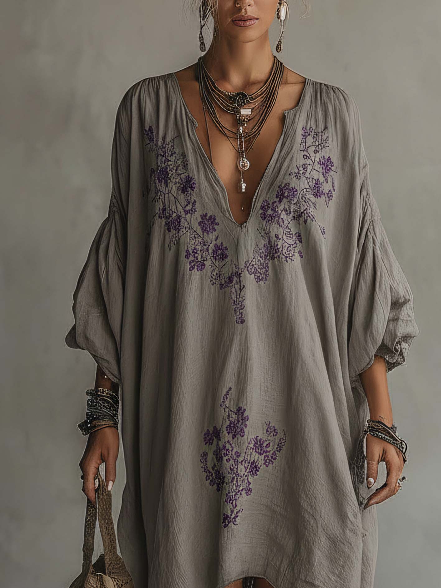 Gray Cotton-Linen Midi Dress With Purple Floral Embroidery