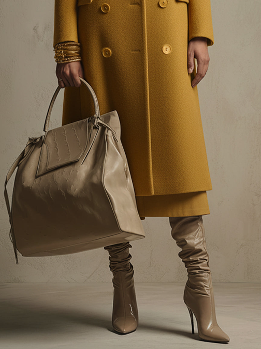 Yellow Wool Blend Coat With Detachable Fur Collar