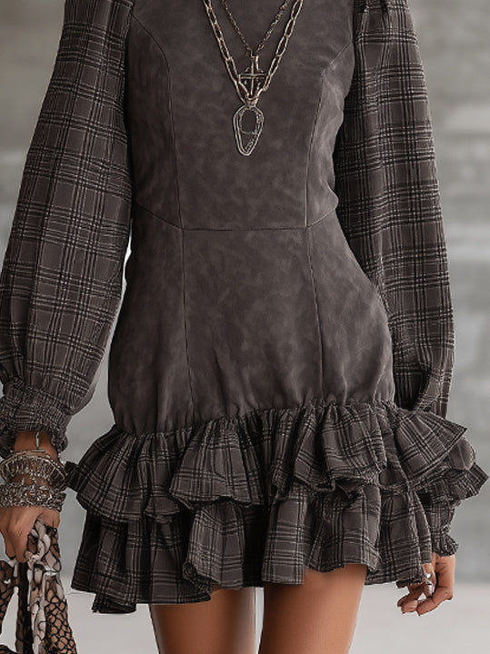 Plaid Puff Sleeve Faux Suede Mini Dress With Layered Ruffle Hem