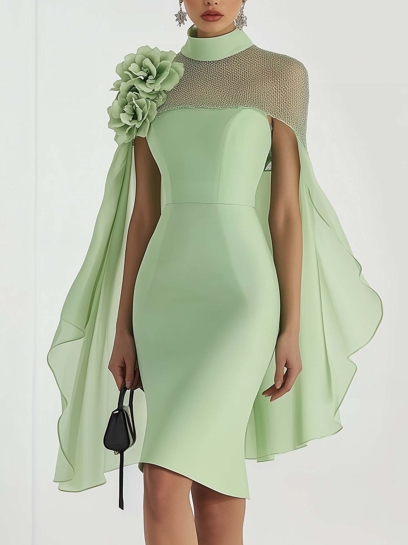 Green Midi Bodycon Dress With 3D Flowers And Cape