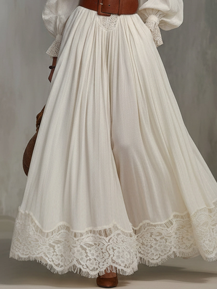 Ivory Linen Blend Maxi Dress With Lace Hem