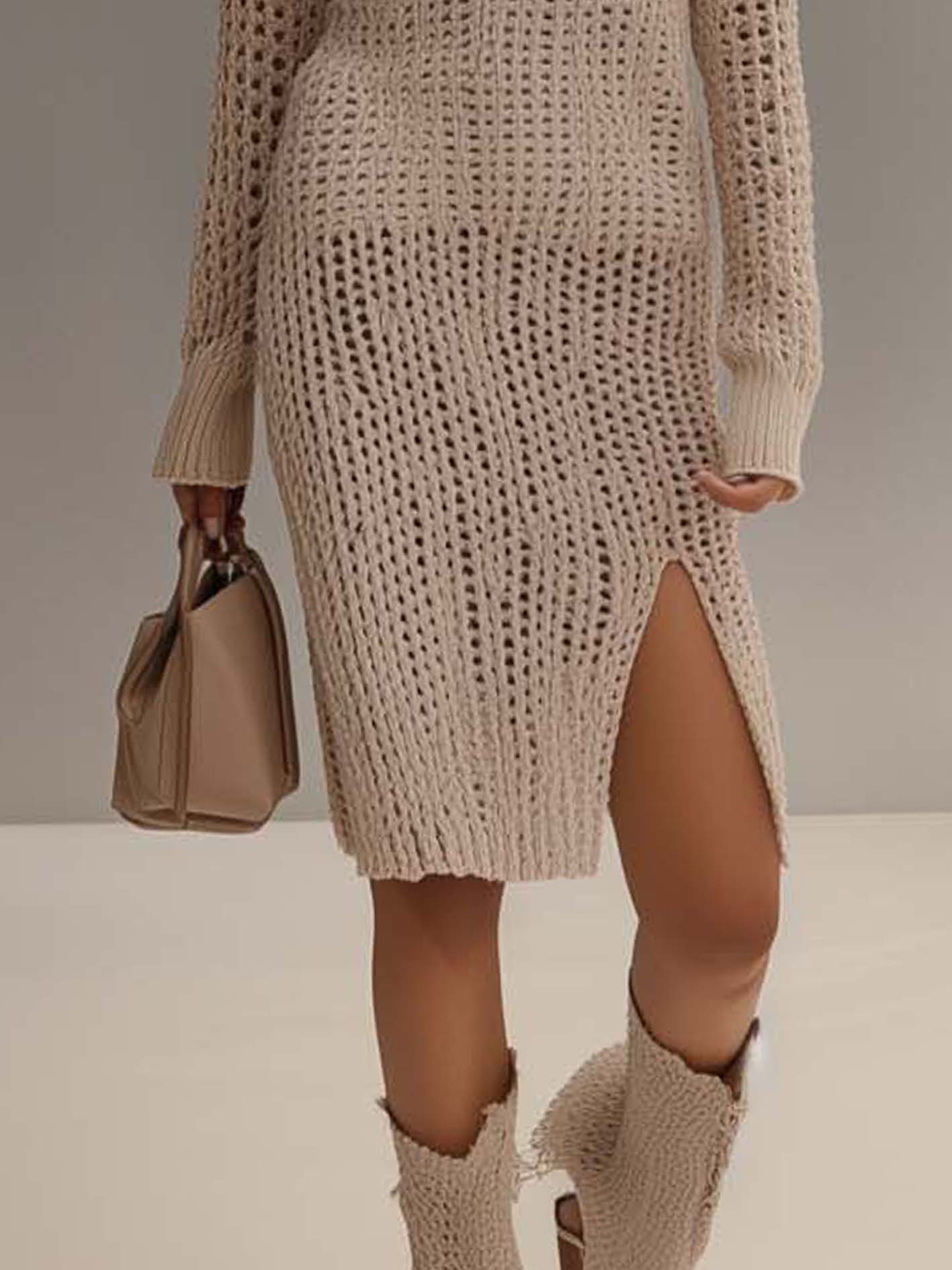Hollow Beige Knitted Midi Bodycon Dress With Side Slits