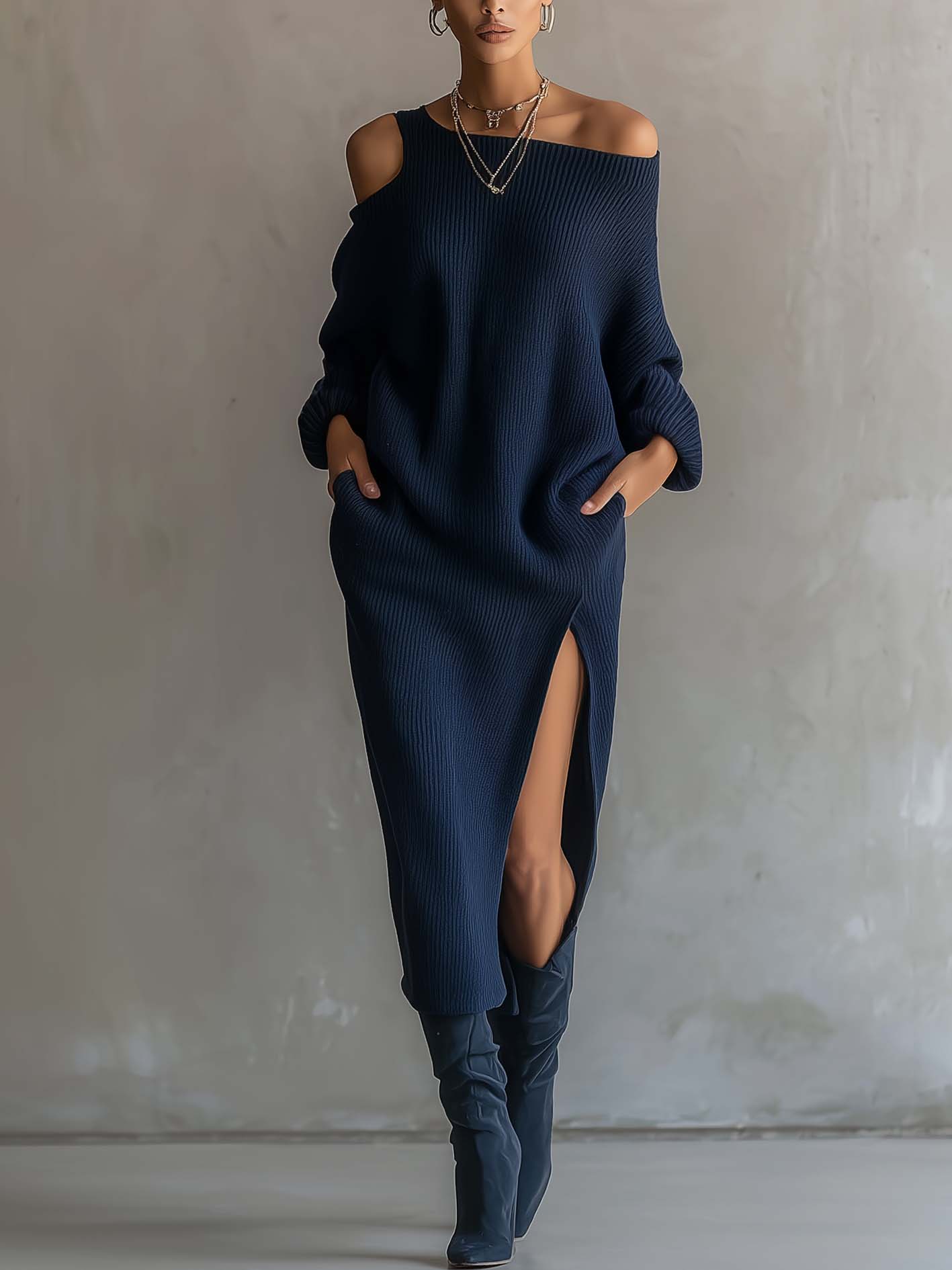 Dark Blue Cold Shoulder Knit Midi Dress With Side Slit