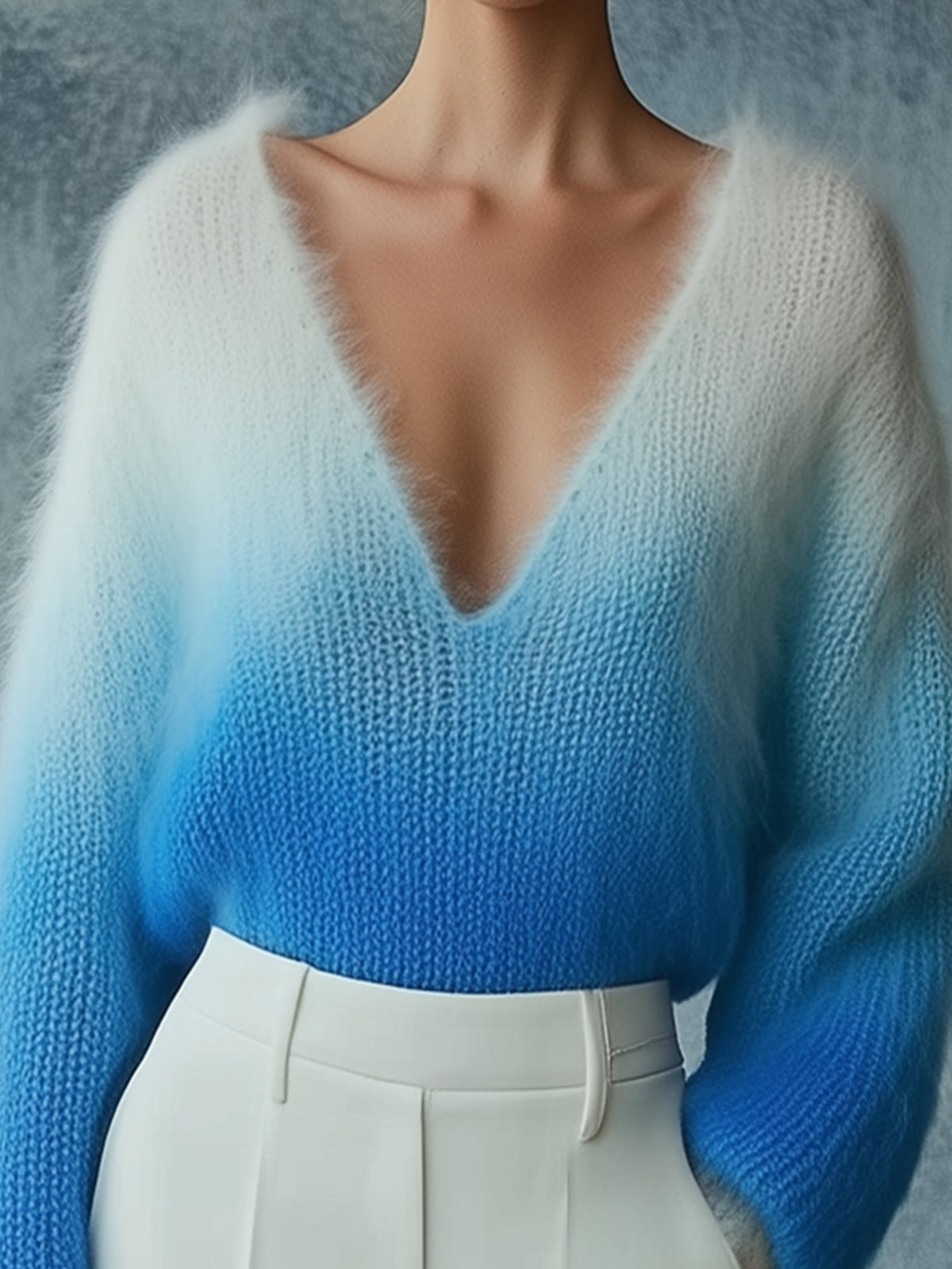 Blue V-Neck Fluffy Knit Sweater