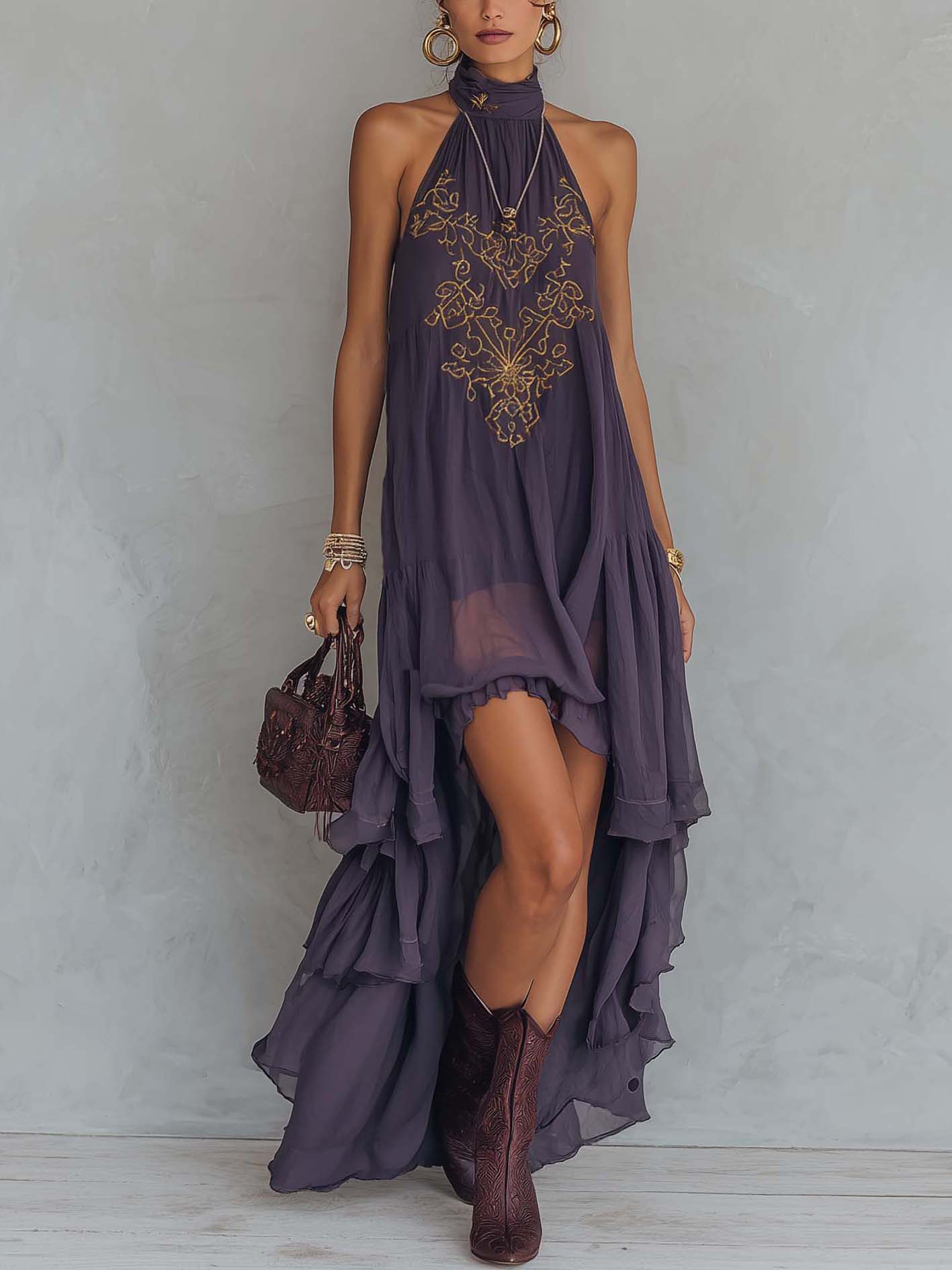 Lavender Purple Chiffon Maxi Dress Vintage Baroque Embroidered