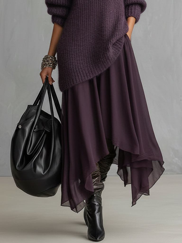 Dark Purple Knit Sweater And Chiffon Maxi Skirt Set