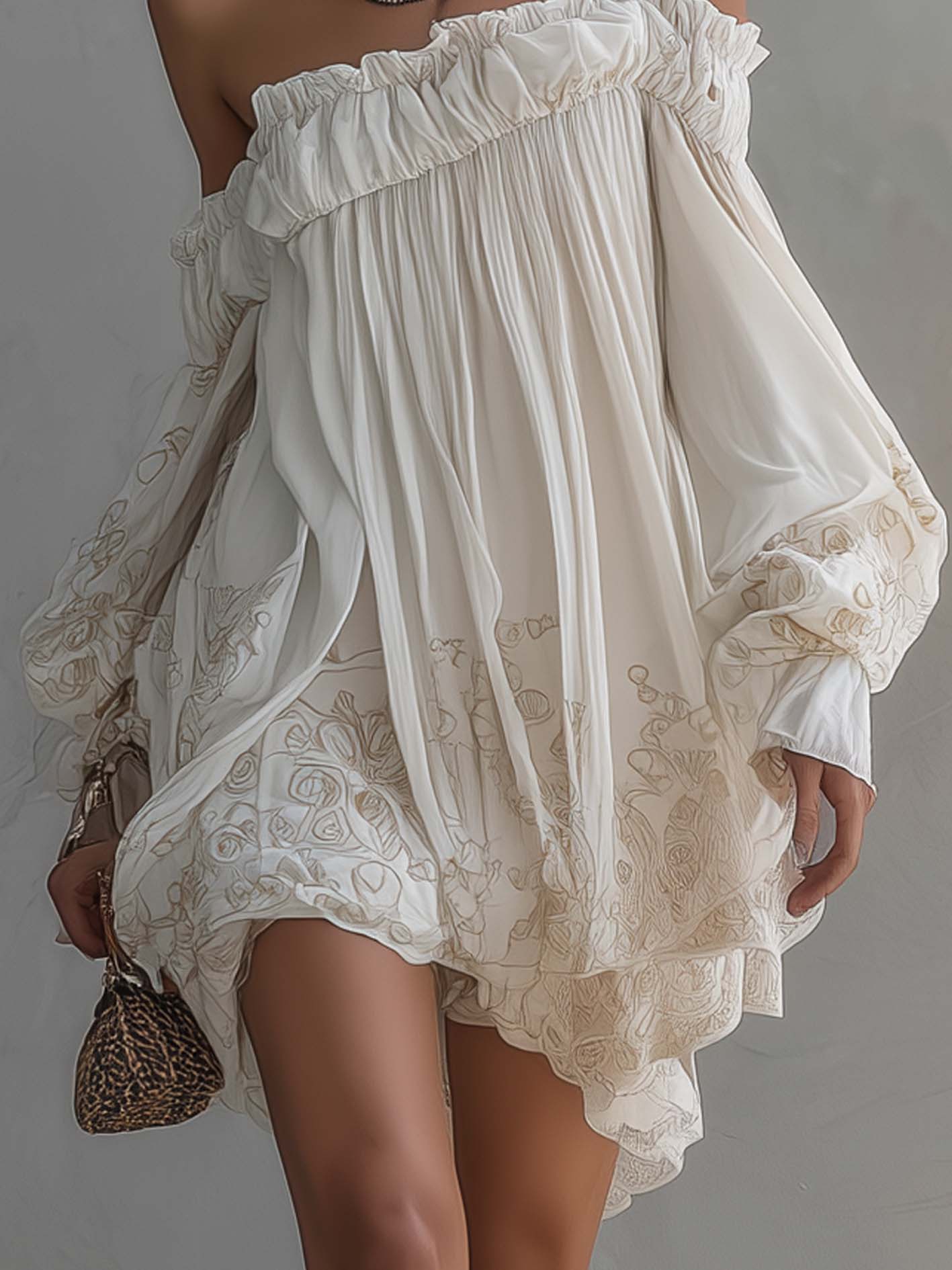 White Paisley Vintage Print One Shoulder Chiffon Mini Dress