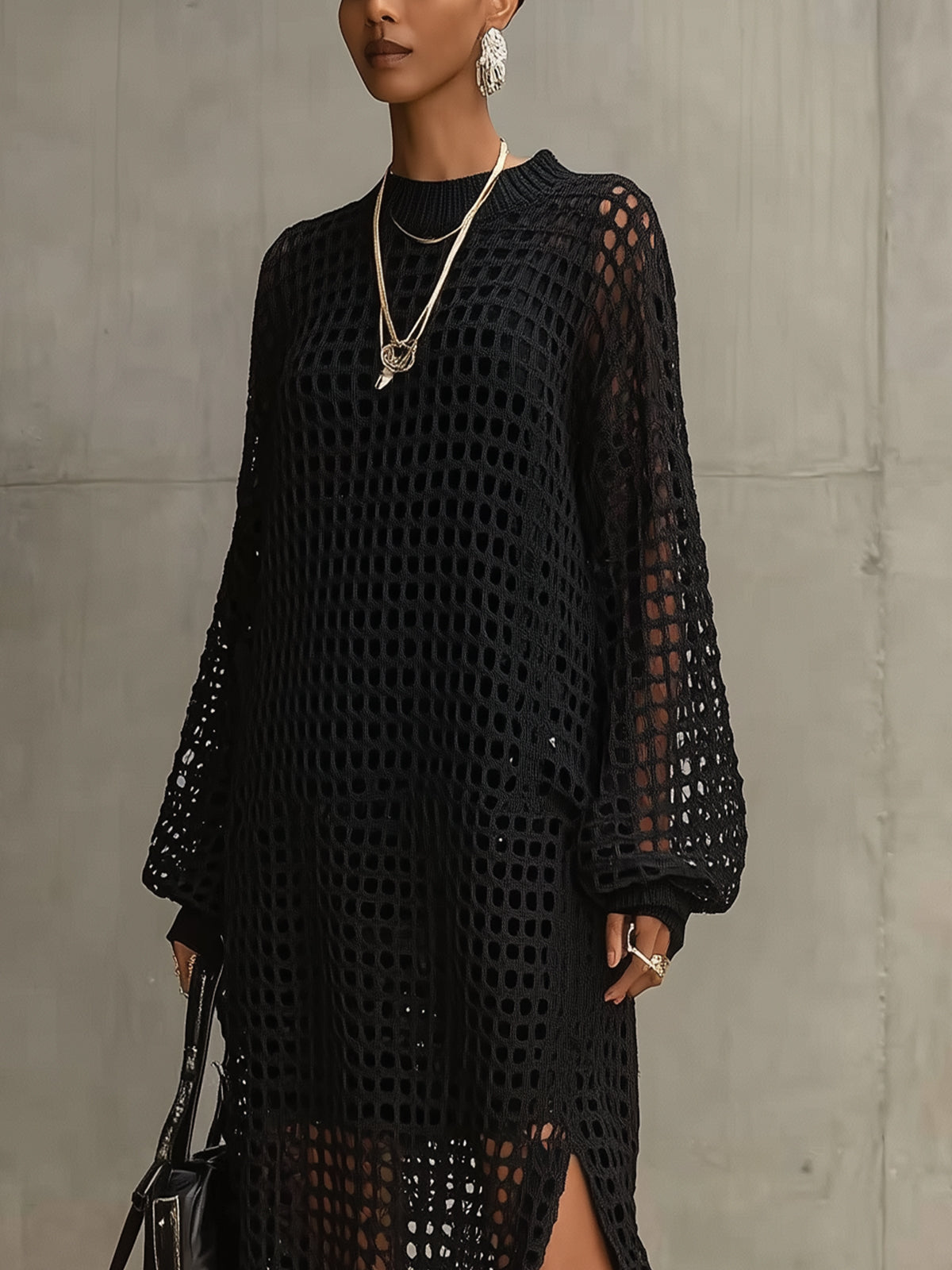 Black Fishnet Long-Sleeve Knit Maxi Dress Set