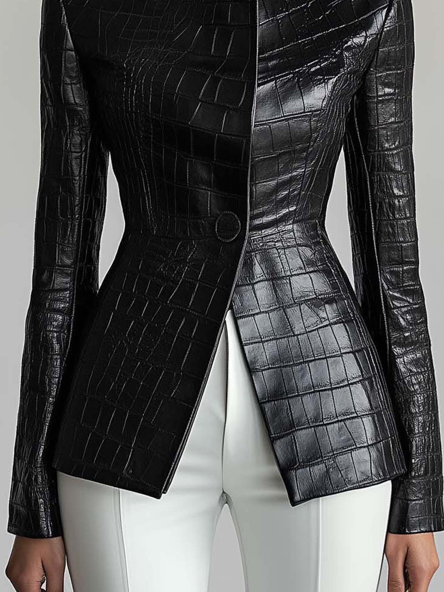 Textured Black Faux Leather Jacket With Button
