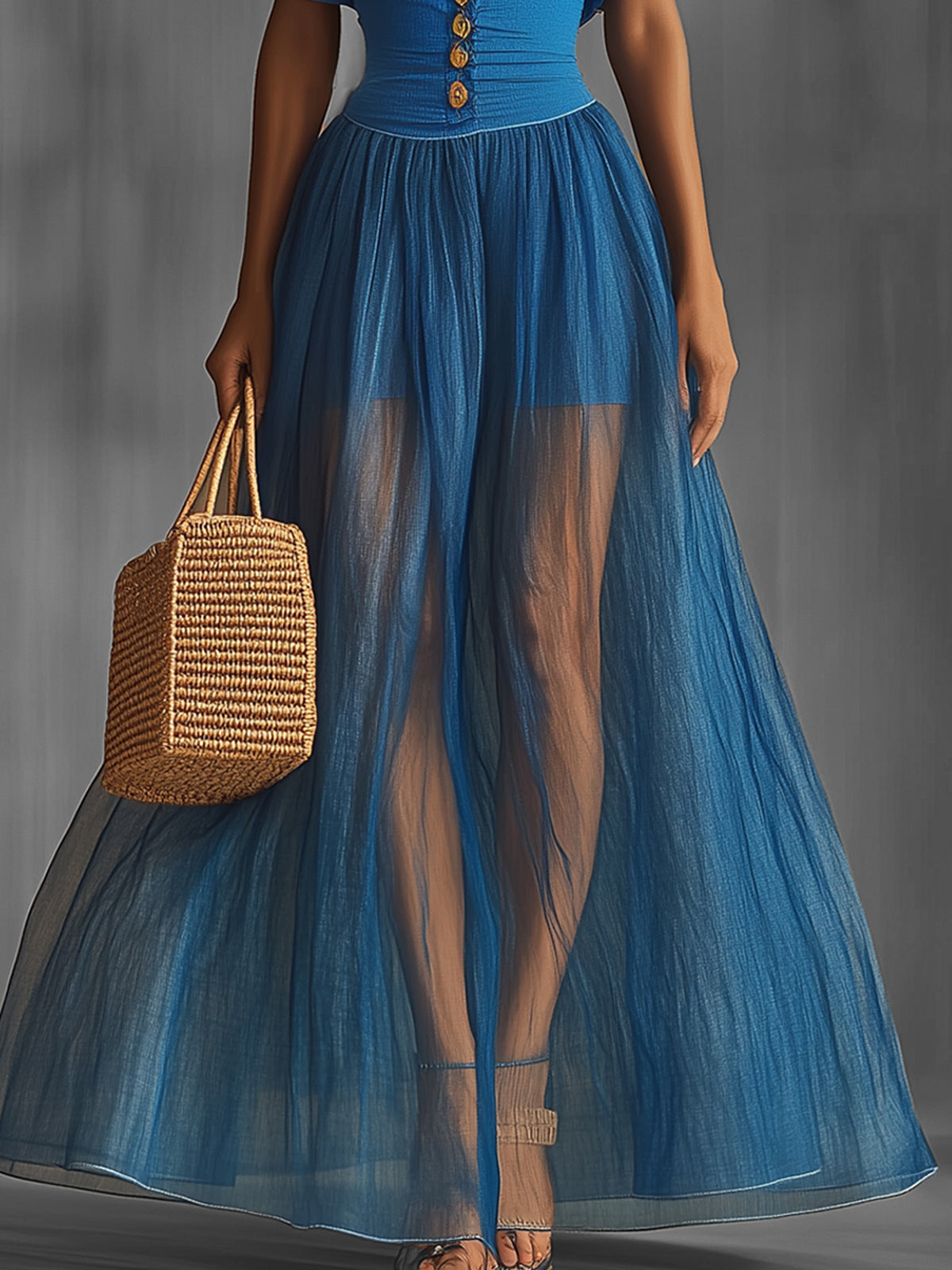 Blue Puff Sleeve Sheer Maxi Dress With Button Detail