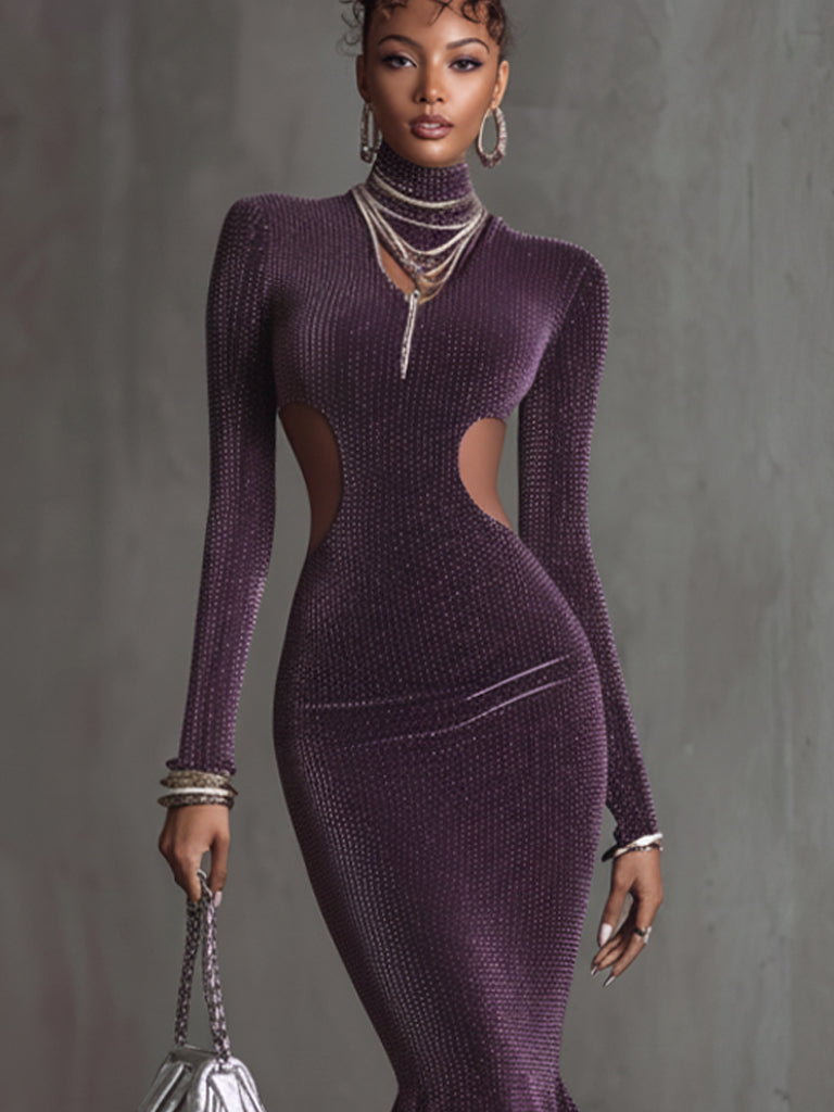 Dark Purple Sparkle Velvet Cut Out Long Sleeve Maxi Dress
