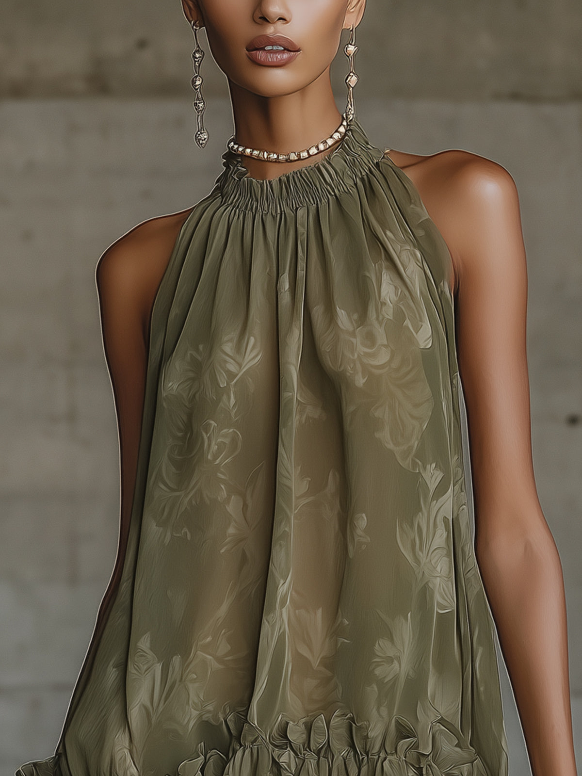 Olive Halter Neck Ruffled Hem Floral Chiffon Mini Dress