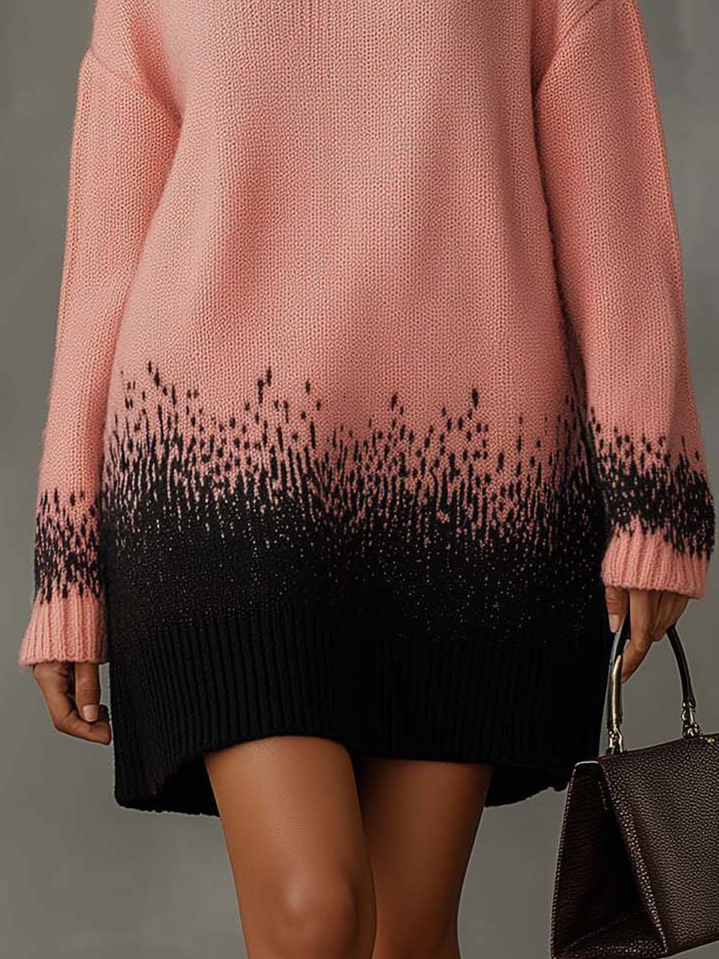 Pink Turtleneck Knitted Mini Dress With Black Gradient
