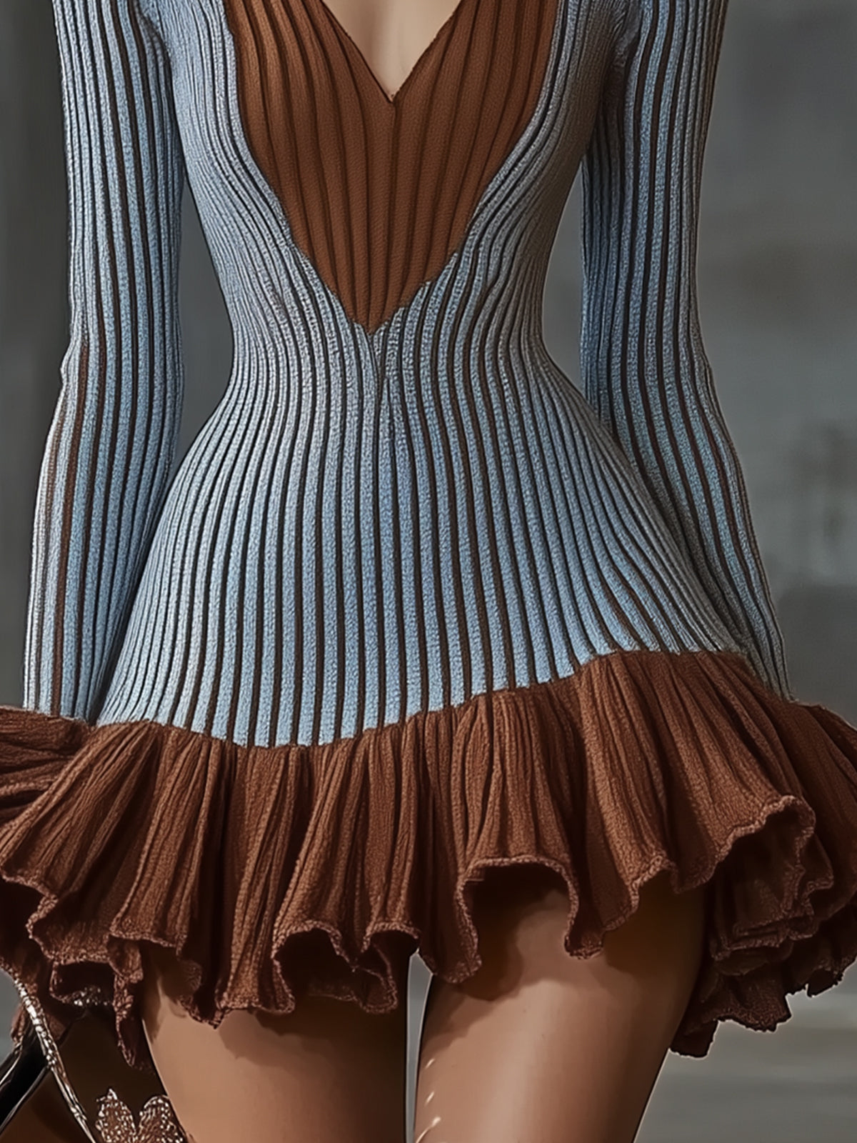Two Tone Ribbed Ruffle Dress