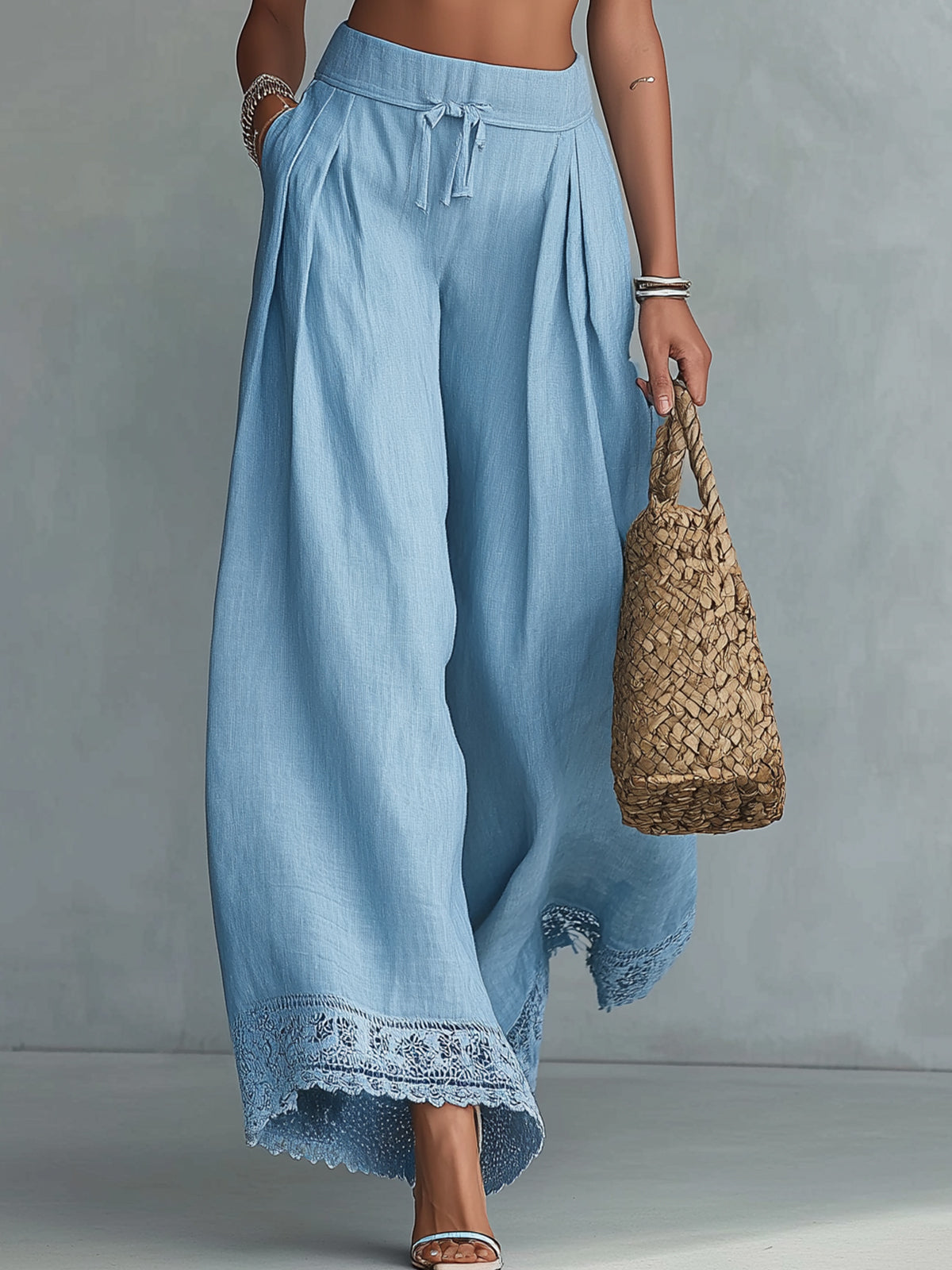 Blue Halter Crop Top And Wide-Leg Pants Set With Lace Hem