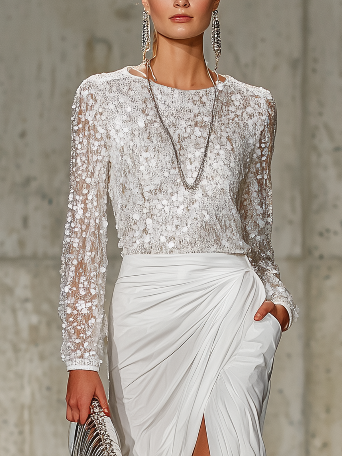 White Sequined Chiffon Long Sleeve Blouse And Draped Maxi Skirt Set