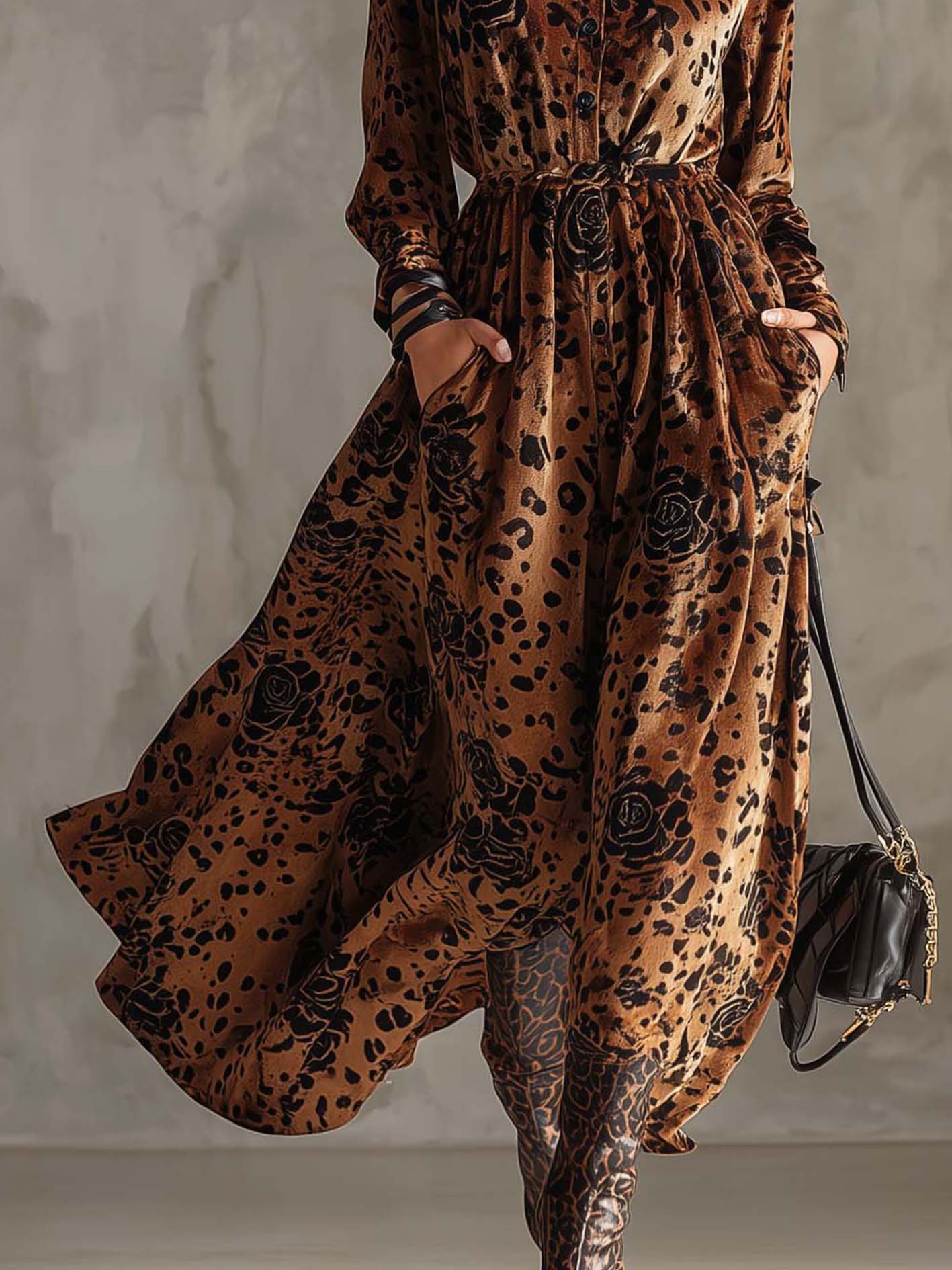 Brown Velvet Midi Dress With Leopard Print And Flowers