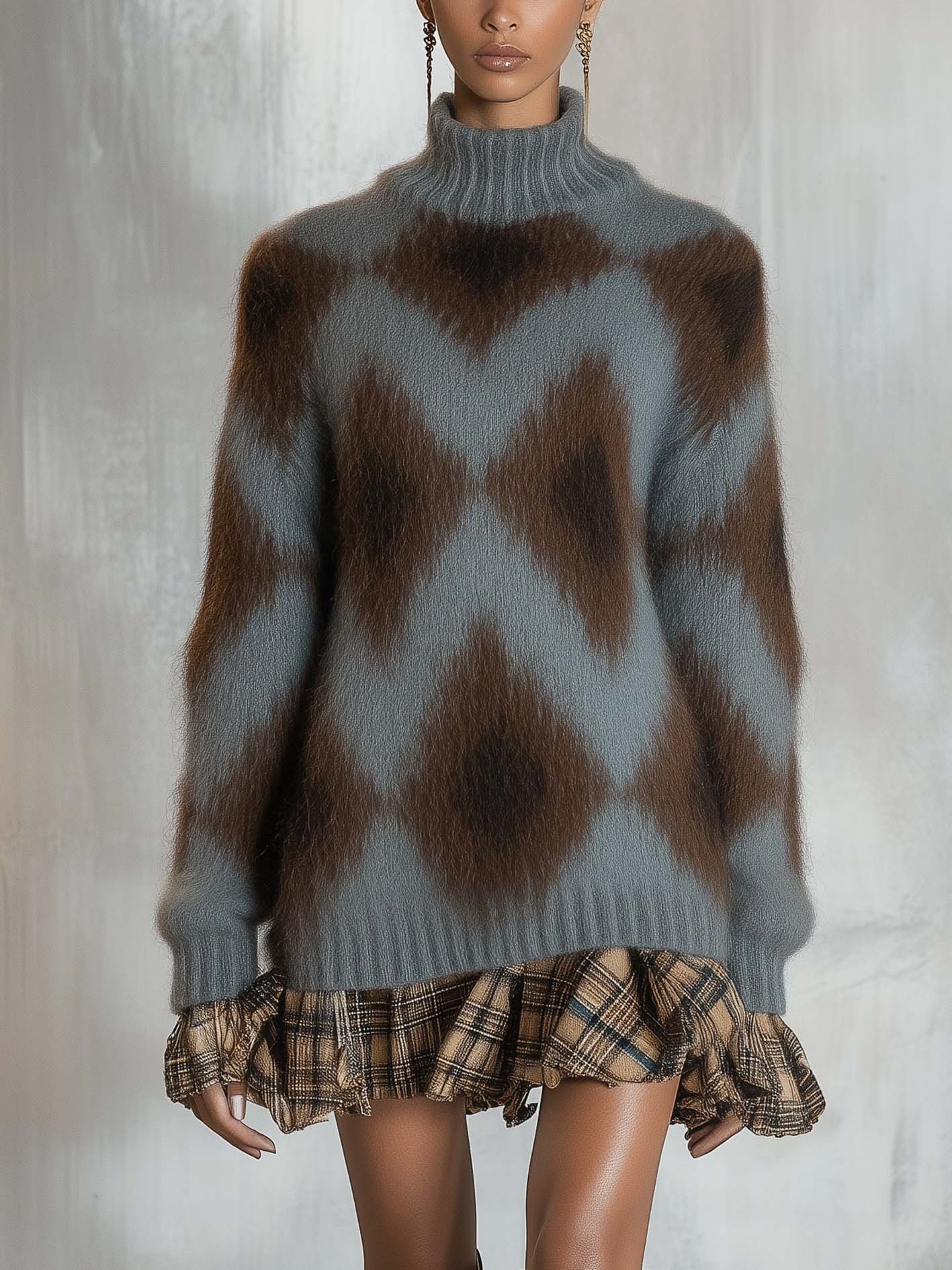 Haze Blue Knitted Mini Dress With Ruffles And Diamond Pattern