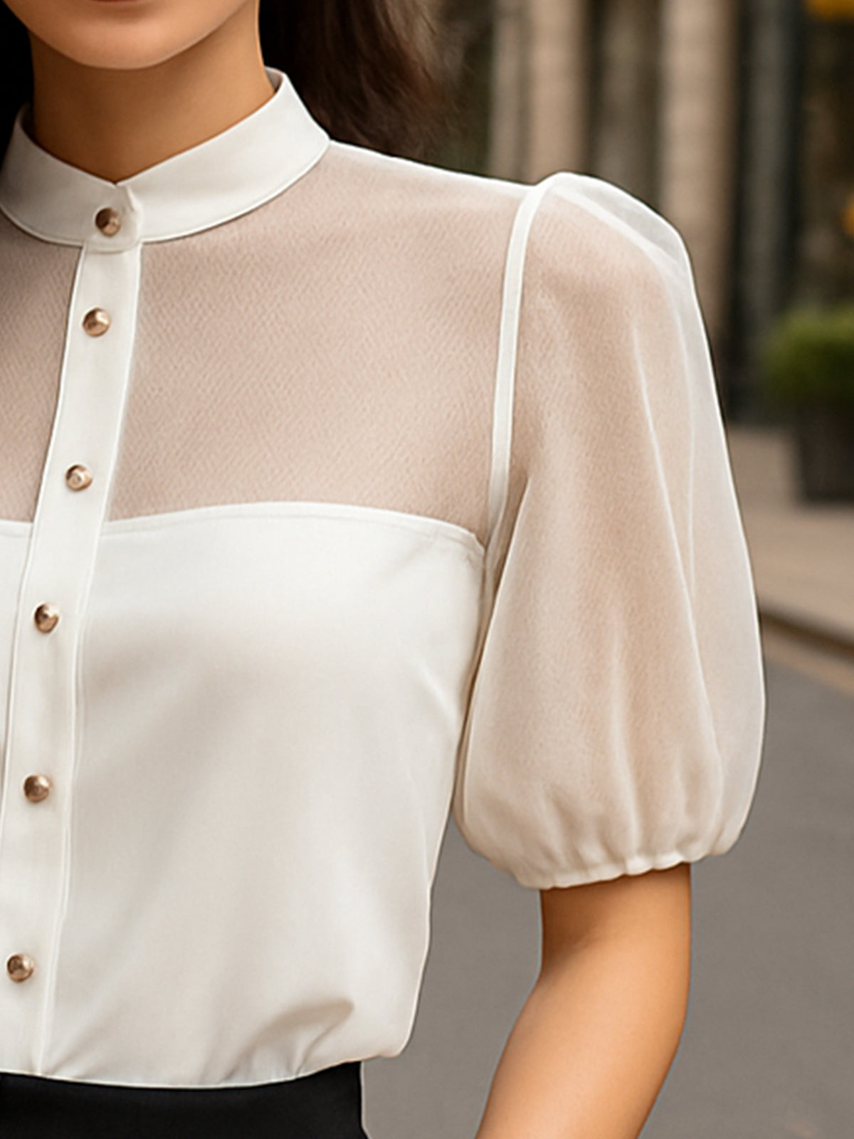 Mesh And Chiffon Splicing Single-Breasted Shirt