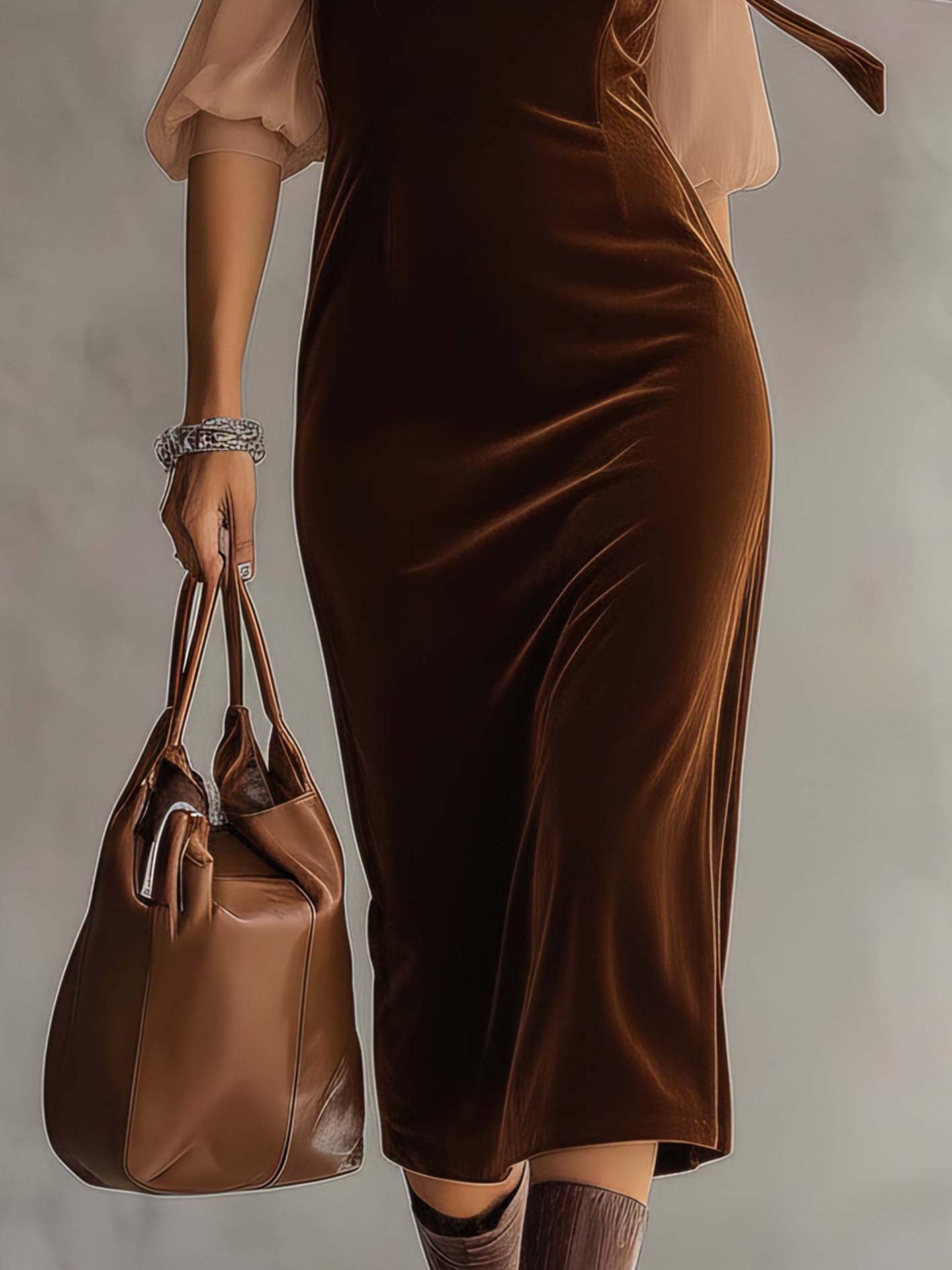 Brown Velvet Bodycon Dress With Chiffon Contrast Layer And Bow Tie Neck