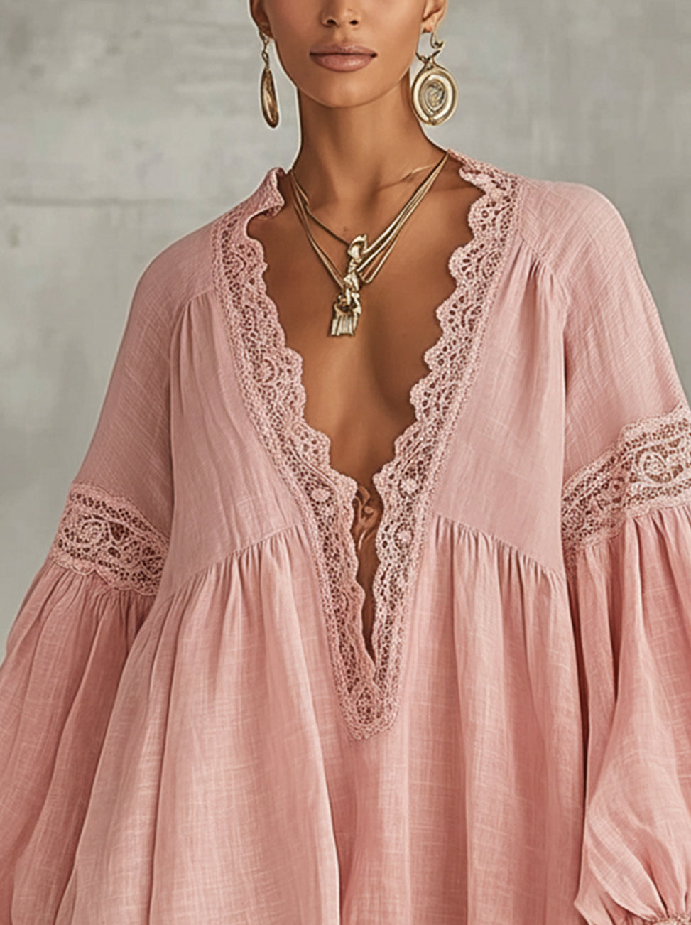 Pink Lace-Trim V-Neck Long Sleeve Linen Mini Dress