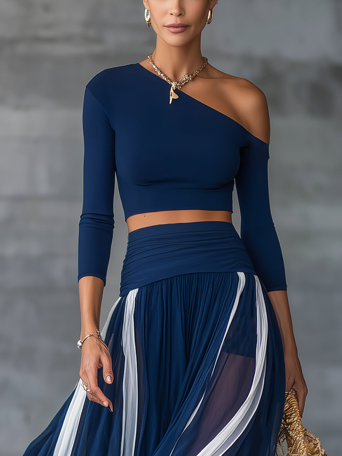 Navy One-Shoulder Crop Top And Sheer Pleated Maxi Skirt Set