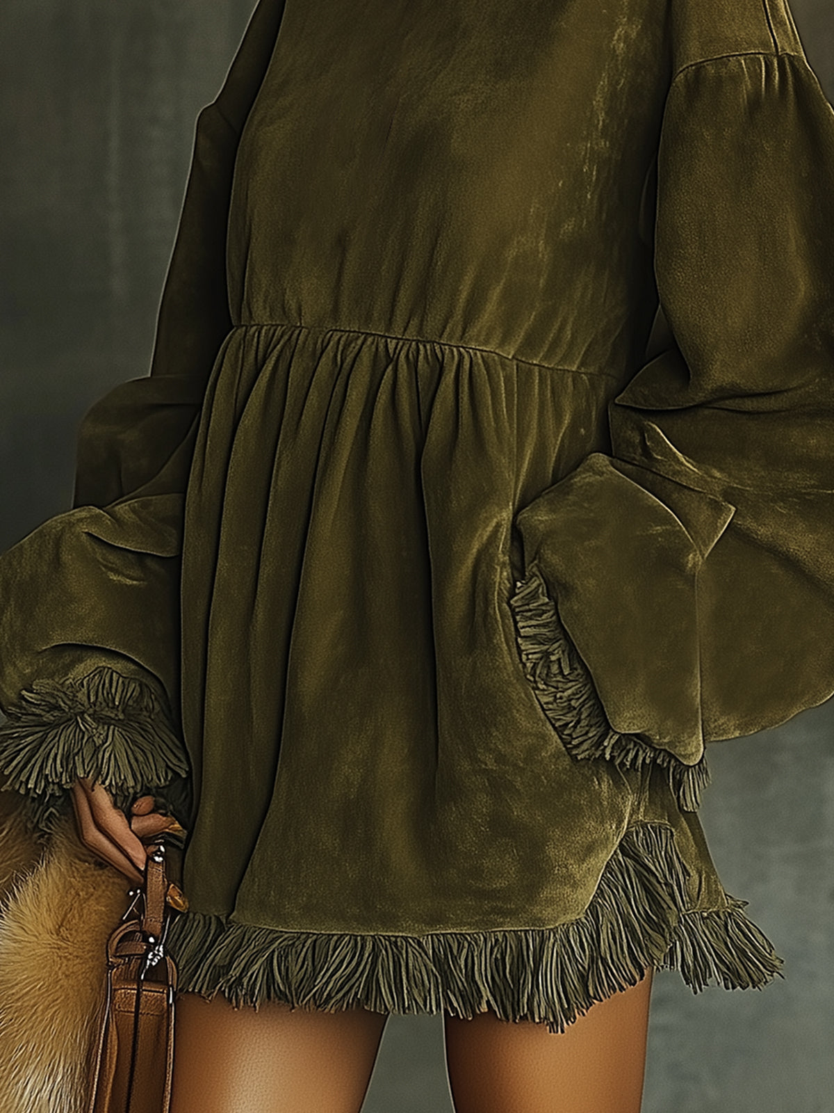 Olive Fringe Trim Faux Suede Mini Dress