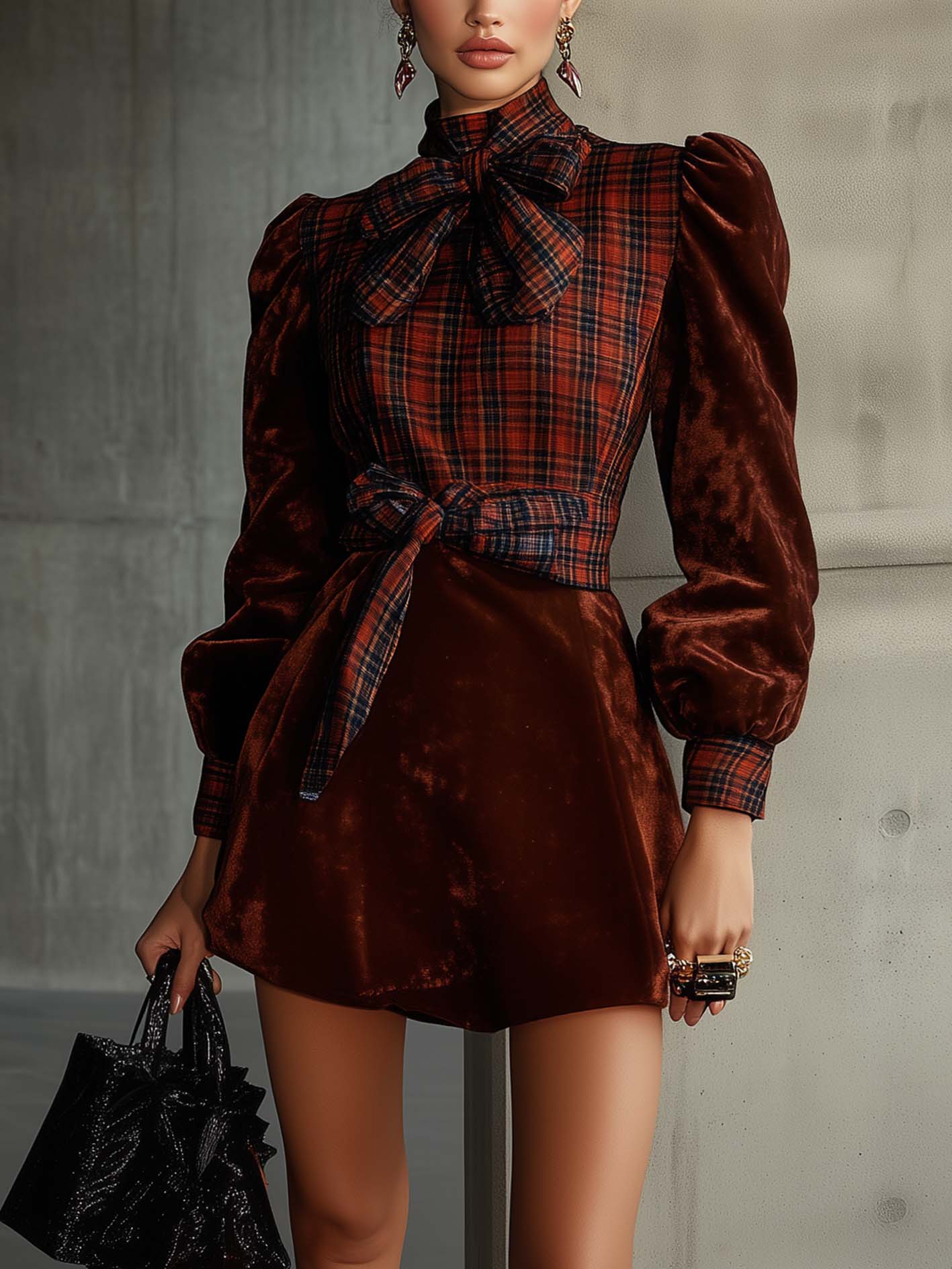 Brown Velvet Mini Dress With Patchwork Plaid And Belt