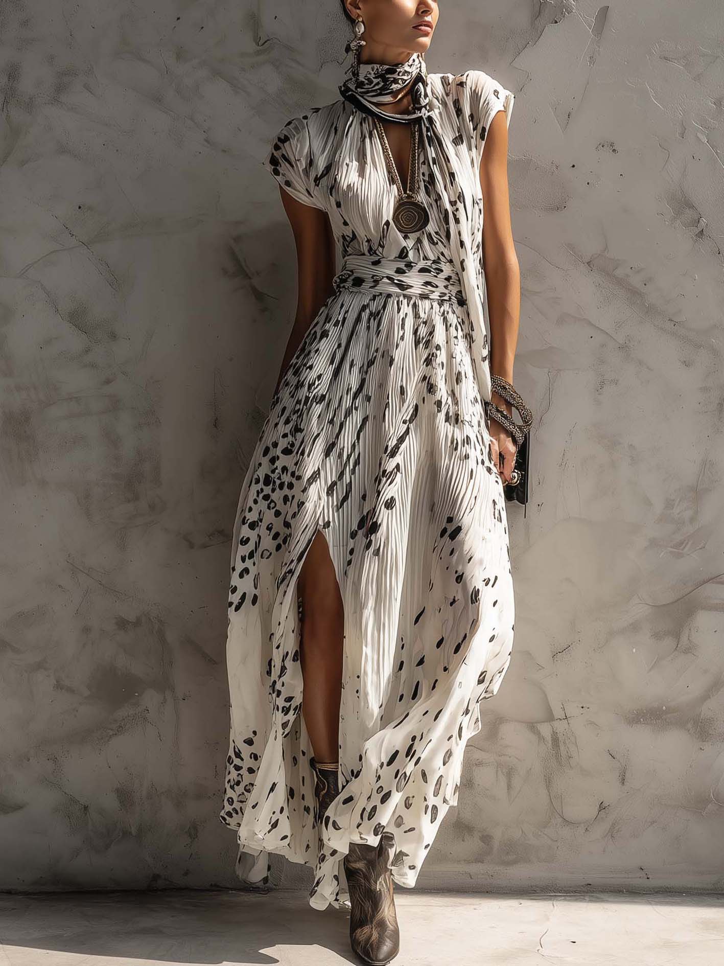 White Irregular Leopard Print Chiffon Maxi Dress With Side Slit