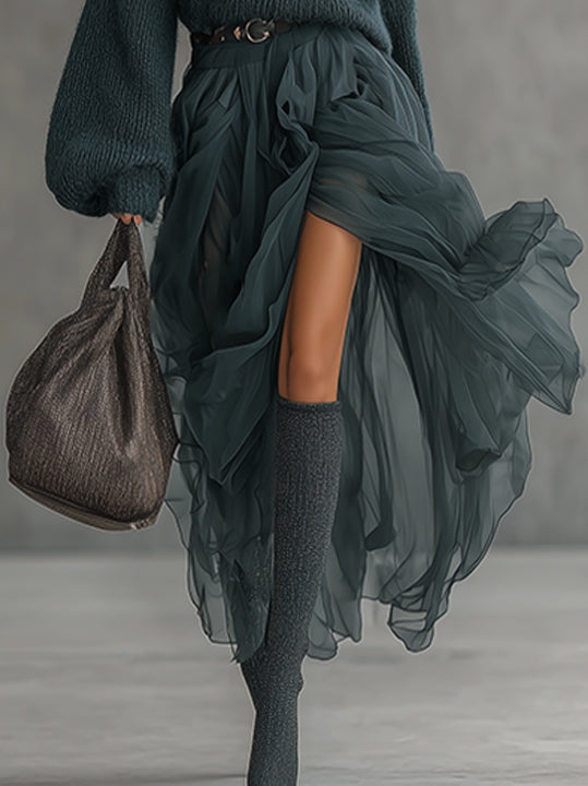 Green Knit And Chiffon Maxi Dress With Balloon Sleeves And High Slit Set